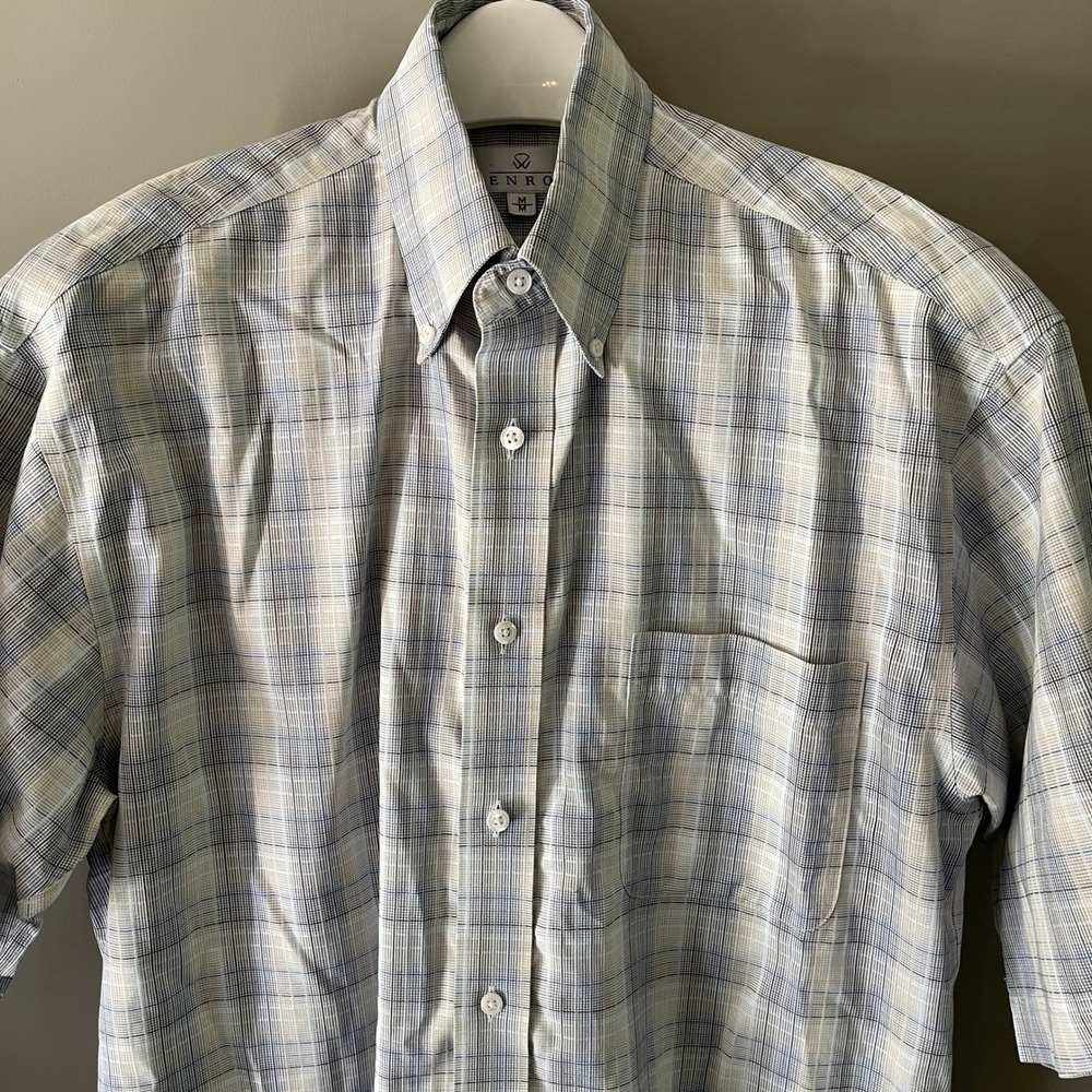 Enro Mens Medium Blue Tan Plaid Short Sleeve Button Down Cotton Shirt Pocket